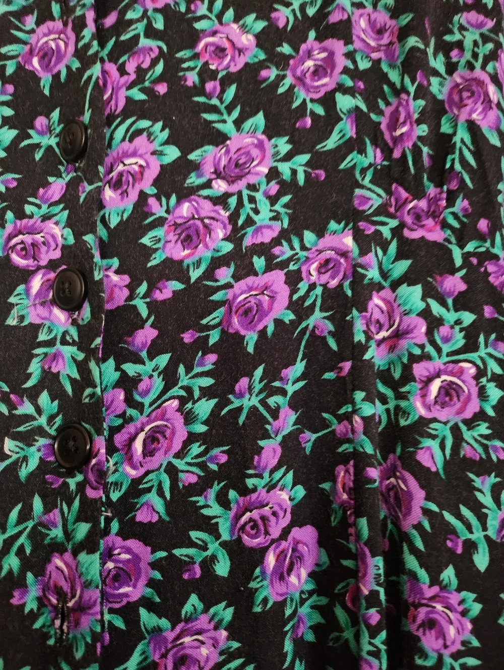 Vintage 90's Floral Button Front Midi Dress in Black with Purple & Teal Flowers - Picture 6 of 8